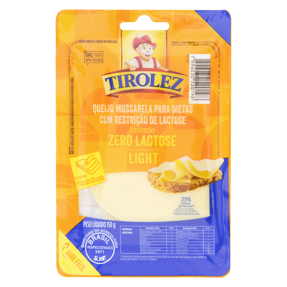 Queijo Mussarela Fatiado Light Zero Lactose Tirolez 150g