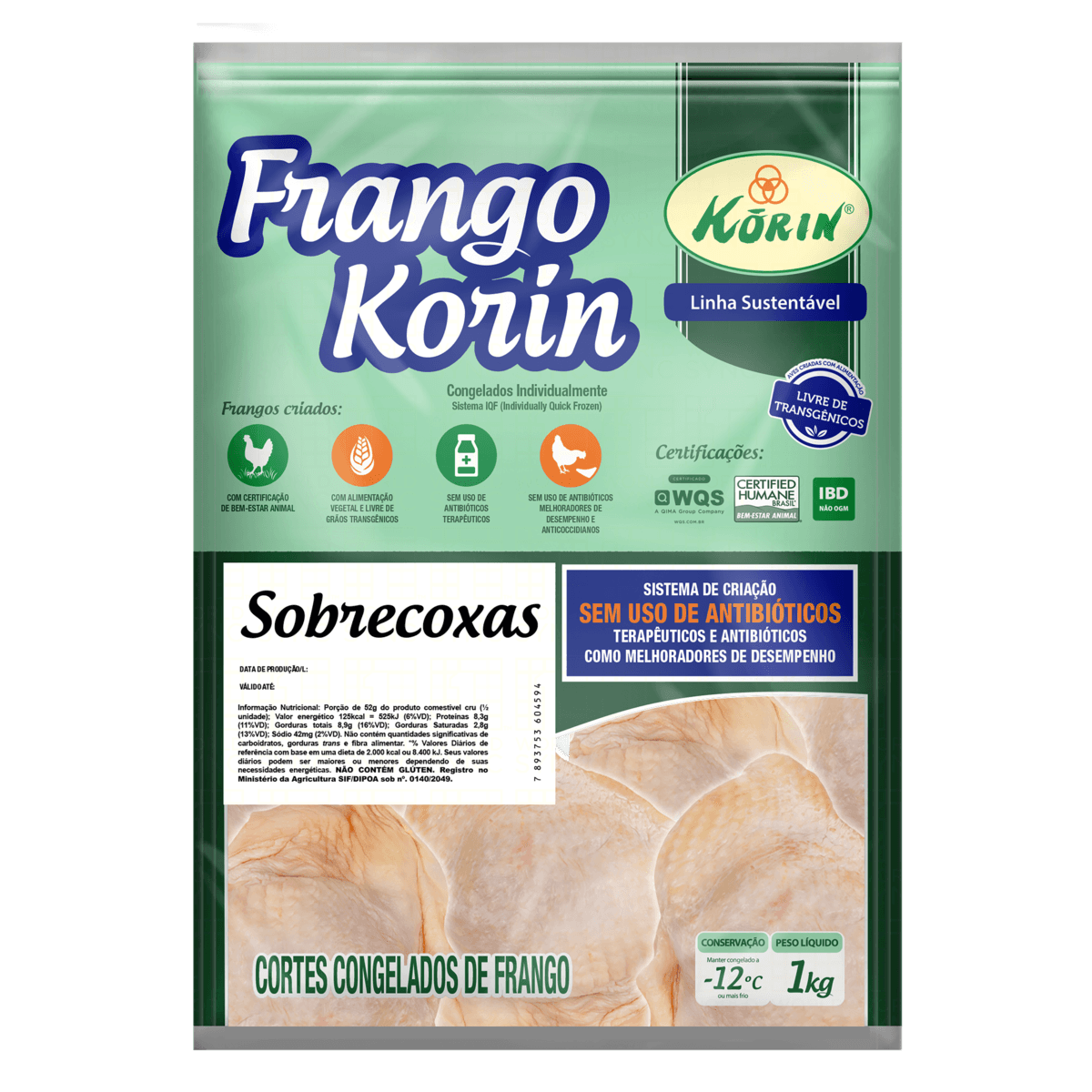 Sobrecoxa De Frango Congelado Livre De Transgênicos Korin Sustentável 1kg (7893753604594)