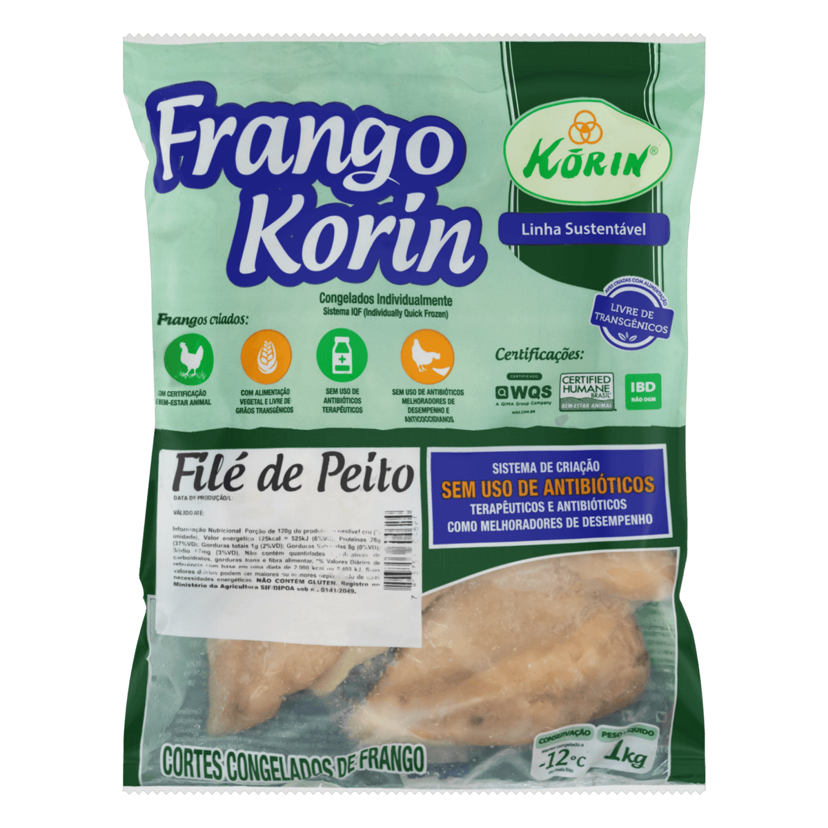 Filé de Peito de Frango Congelado Sem Osso Livre de Transgênicos Korin 1kg (7893753604624)