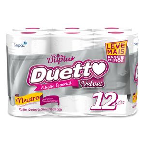 Papel Higiênico Folha Dupla Neutro Duetto Velvet 30m Pacote 12 Unidades Leve Mais Pague Menos