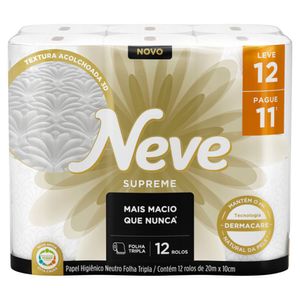 Papel Higiênico Folha Tripla Neutro Neve Supreme 20m Pacote Leve 12 Pague 11 Unidades