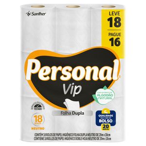 Papel Higiênico Folha Dupla Neutro Personal Vip 20m Pacote Leve 18 Pague 16 Unidades