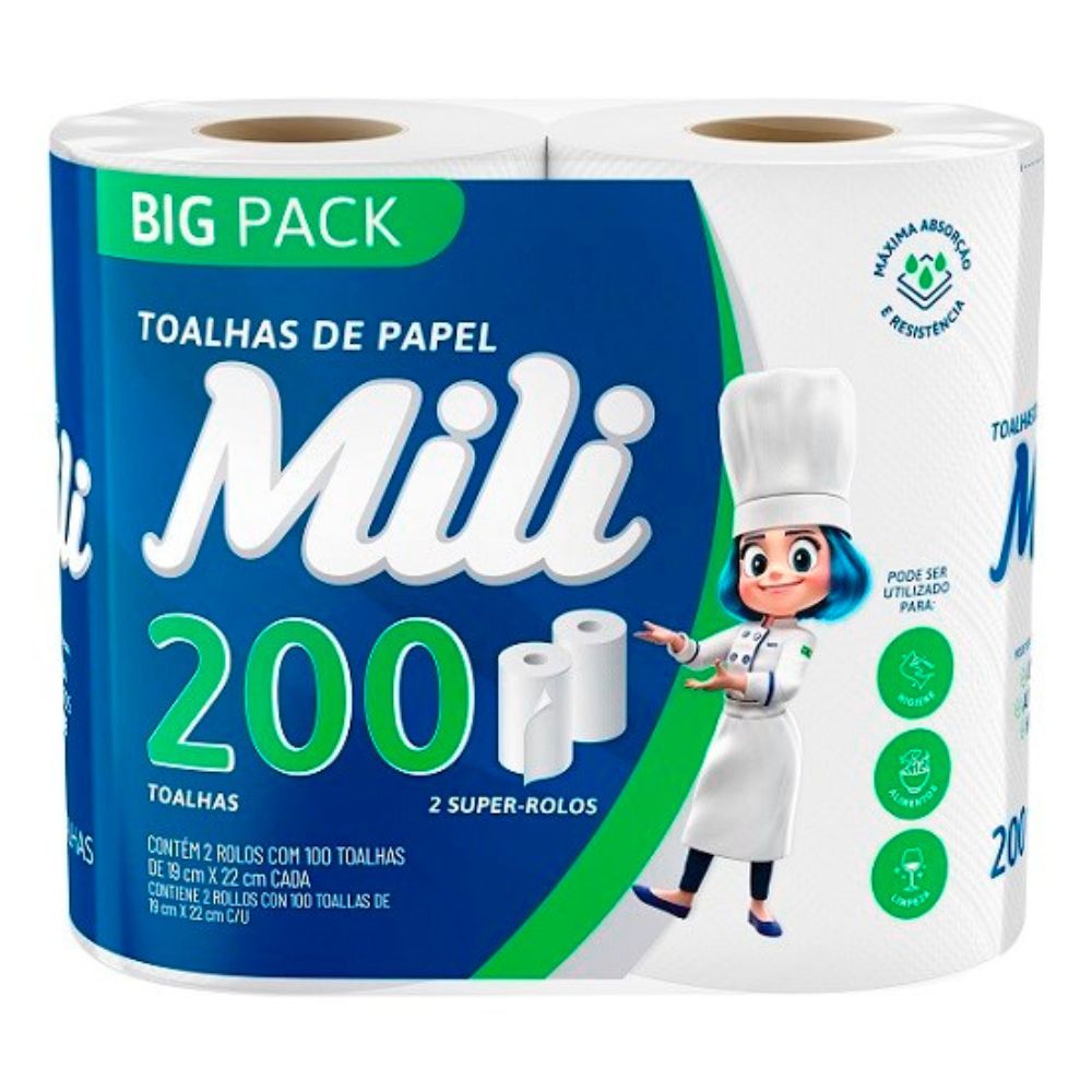 Toalhas de Papel Mili 2 Rolos 200 Folhas