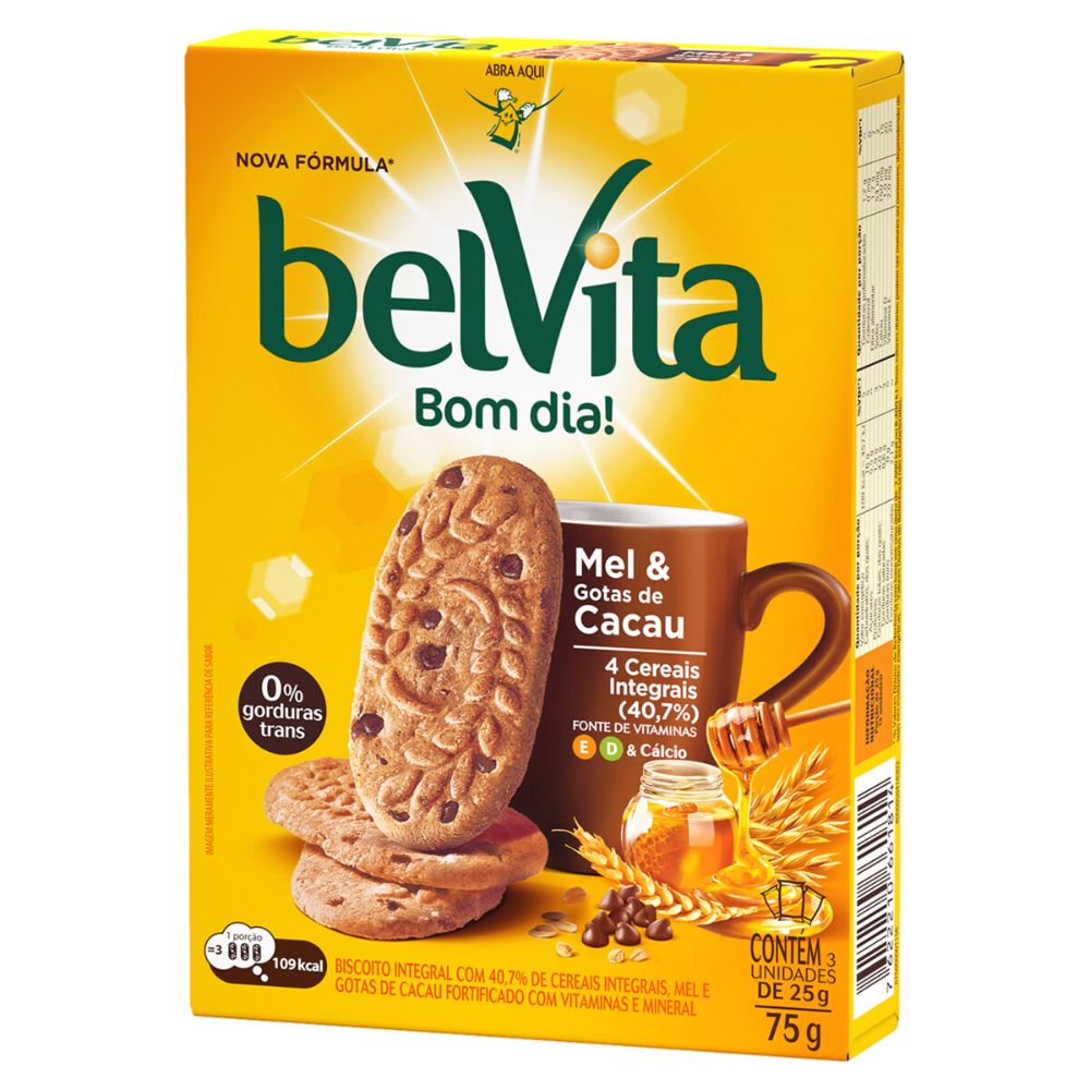 Biscoito Integral Mel & Gotas de Cacau Belvita Caixa 75g 3 Unidades