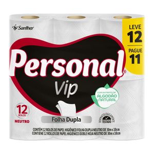 Papel Higiênico Folha Dupla Neutro Personal Vip 30m Pacote Leve 12 Pague 11 Unidades