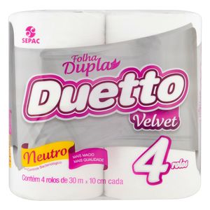 Papel Higiênico Folha Dupla Neutro Duetto Velvet 30m Pacote 4 Unidades