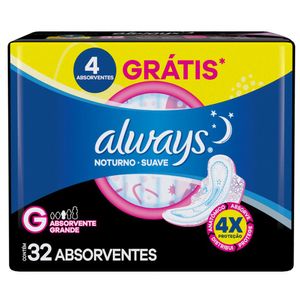 Absorvente com Abas Suave Always Noturno Grande Pacote 32 Unidades Grátis 4 Absorventes