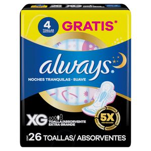 Absorvente com Abas Suave Always Noites Tranquilas Extra Grande Pacote 26 Unidades Grátis 4 Absorventes