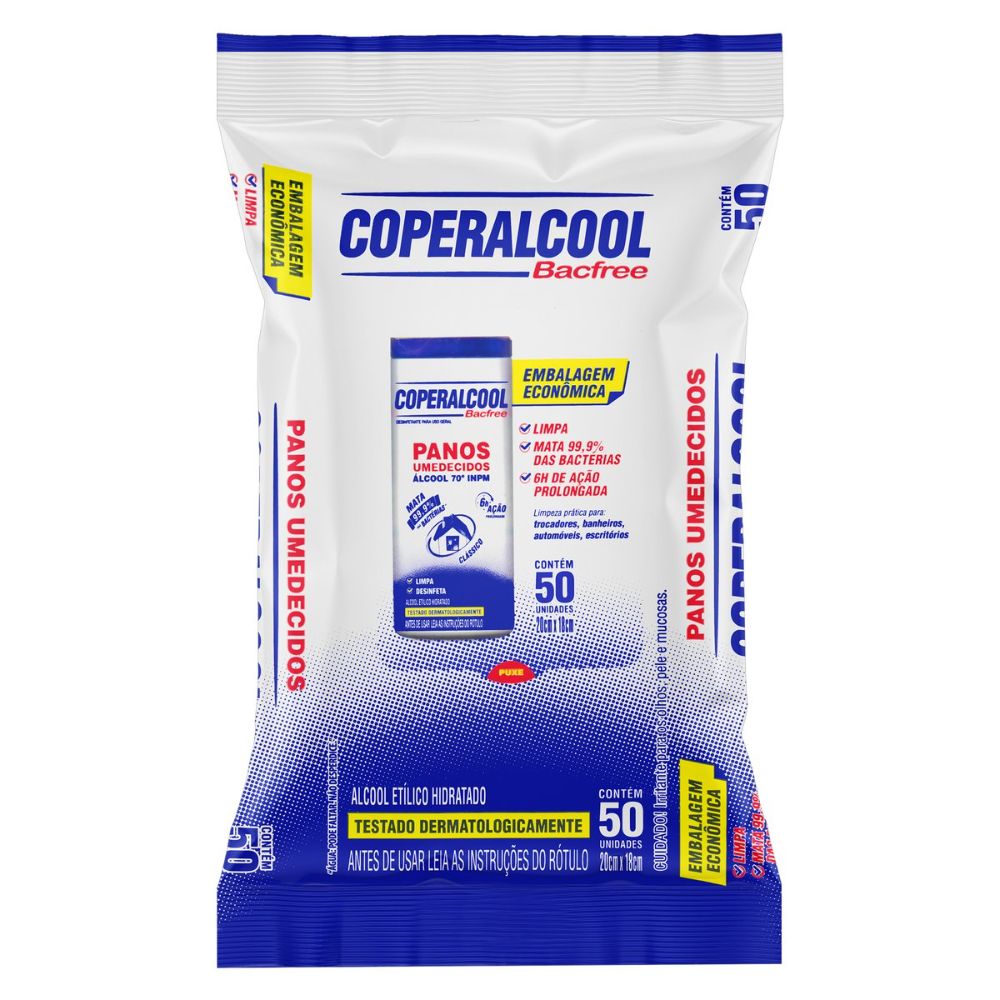 Pano Umedecido com Álcool 70° INPM Clássico Coperalcool Bacfree Pacote 50 Unidades Embalagem Econômica