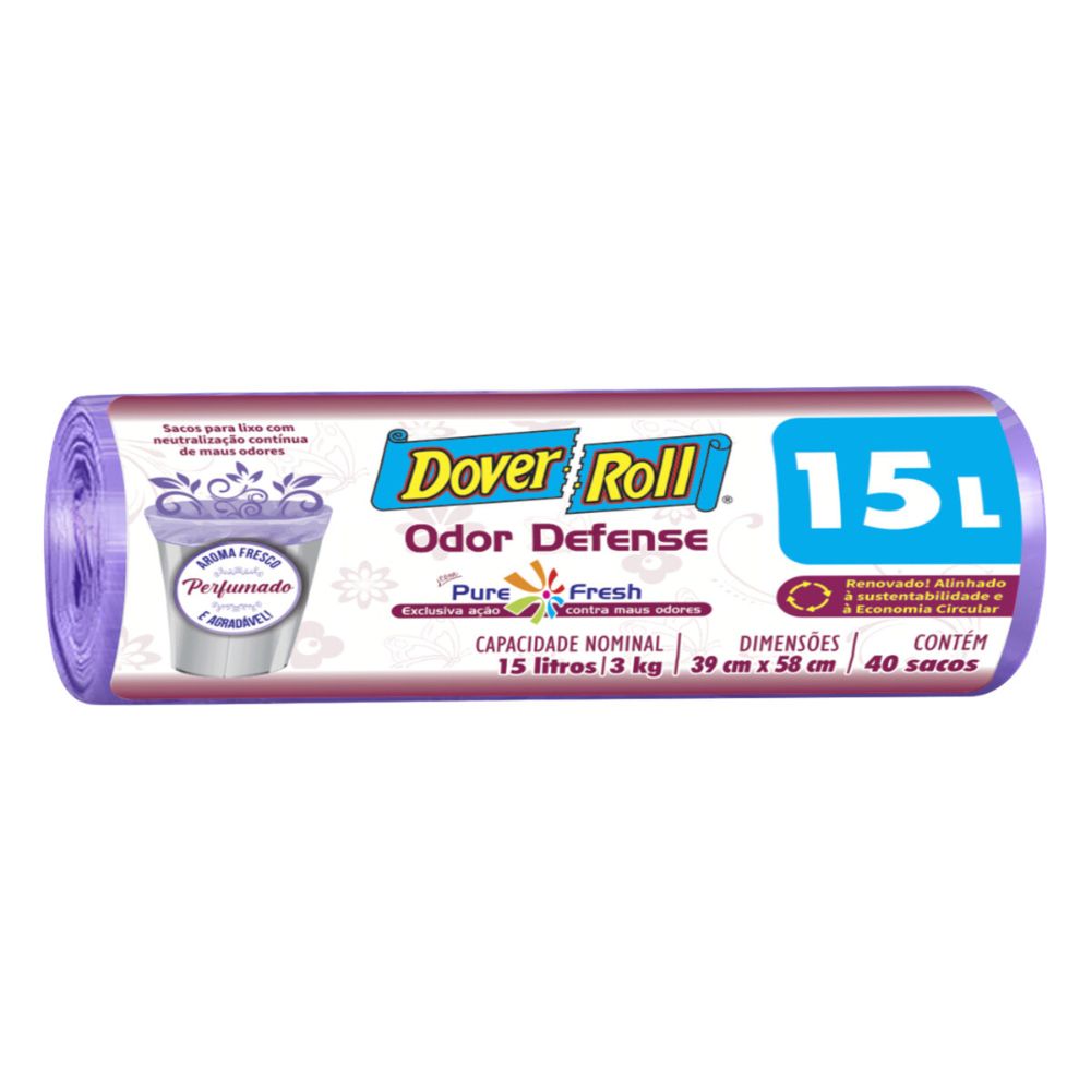 Saco para Lixo Pure Fresh 15L Dover Roll Odor Defense 40 Unidades