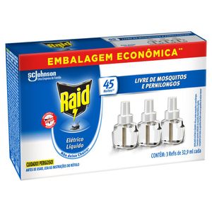 Repelente Líquido Elétrico 45 Noites Raid Caixa 3 Unidades 32,9ml Cada Refil Embalagem Econômica