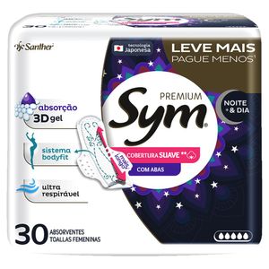 Absorvente com Abas Noite e Dia Ultra Respirável Suave Sym Premium Pacote 30 Unidades Leve Mais Pague Menos