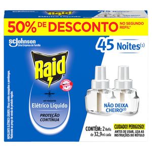 Repelente Líquido Elétrico 45 Noites Raid Caixa 2 Unidades 32,9ml Cada Grátis 50% de Desconto no Segundo Refil