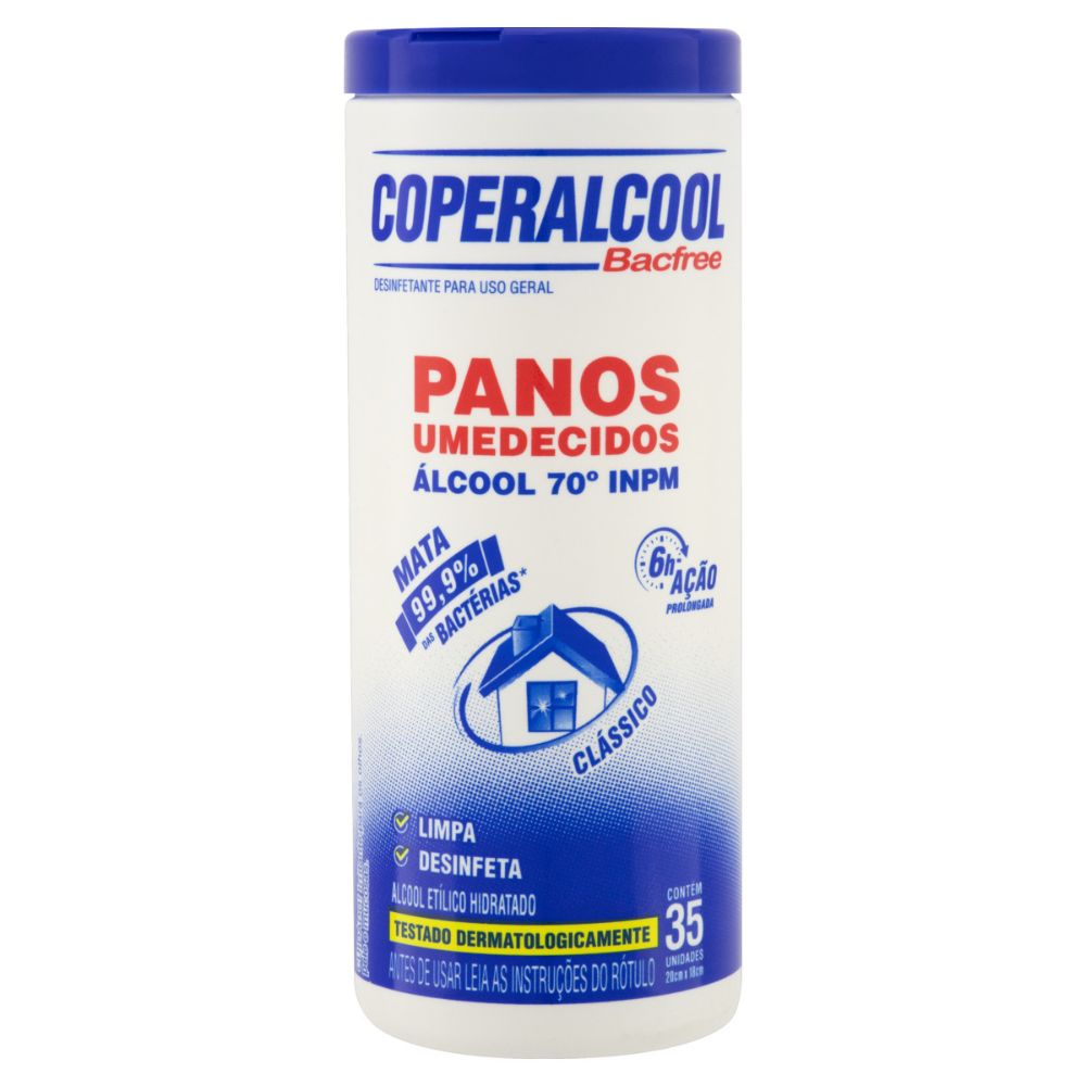 Pano Umedecido com Álcool 70° INPM Clássico Coperalcool Bacfree Pote 35 Unidades