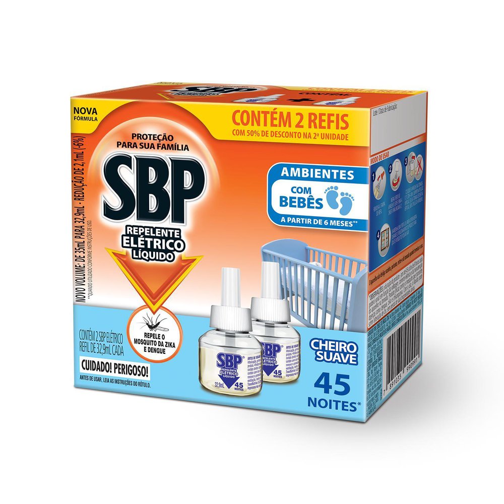 Repelente Elétrico Líquido SBP Caixa 2 Unidades 35ml Cada Grátis 50% de Desconto na 2ª Unidade Refil