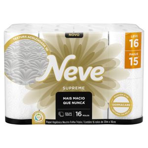 Papel Higiênico Folha Tripla Neutro Neve Supreme 20m Pacote Leve 16 Pague 15 Unidades