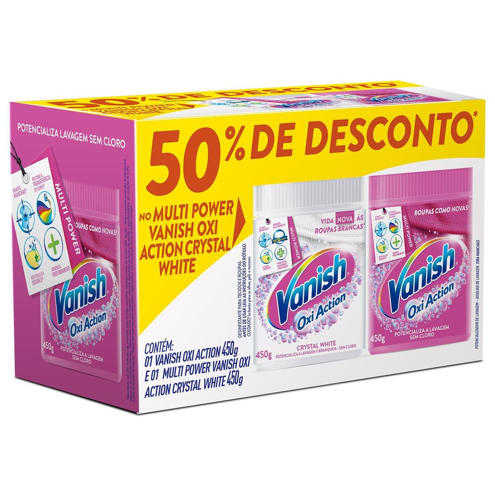 Kit Tira-Manchas Pó Roupas Brancas Crystal White + Coloridas Vanish Oxi Action 450g Cada Grátis 50% de Desconto no Crystal White