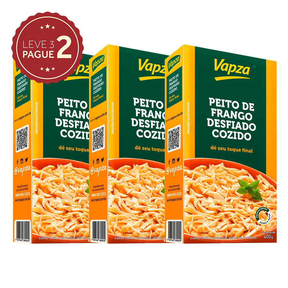 Peito de Frango Cozido Desfiado Vapza Caixa 400g Leve 3 Pague 2 KIT PRONTO