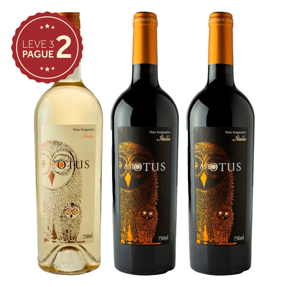 Vinho Italiano Asio Otus Misto 2 Tintos 1 Branco Leve 3 Pague 2 KIT PRONTO