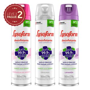 Desinfetante Superfícies Spray Lysoform Frasco 360ml Tipos Leve 3 Pague 2 KIT PRONTO