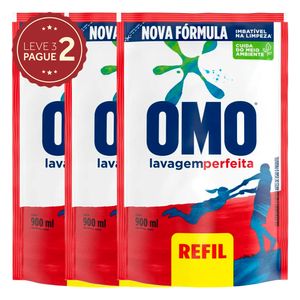 Lava-Roupas Líquido Omo Lavagem Perfeita Sachê 900ml Refil Econômico Leve 3 Pague 2 KIT PRONTO