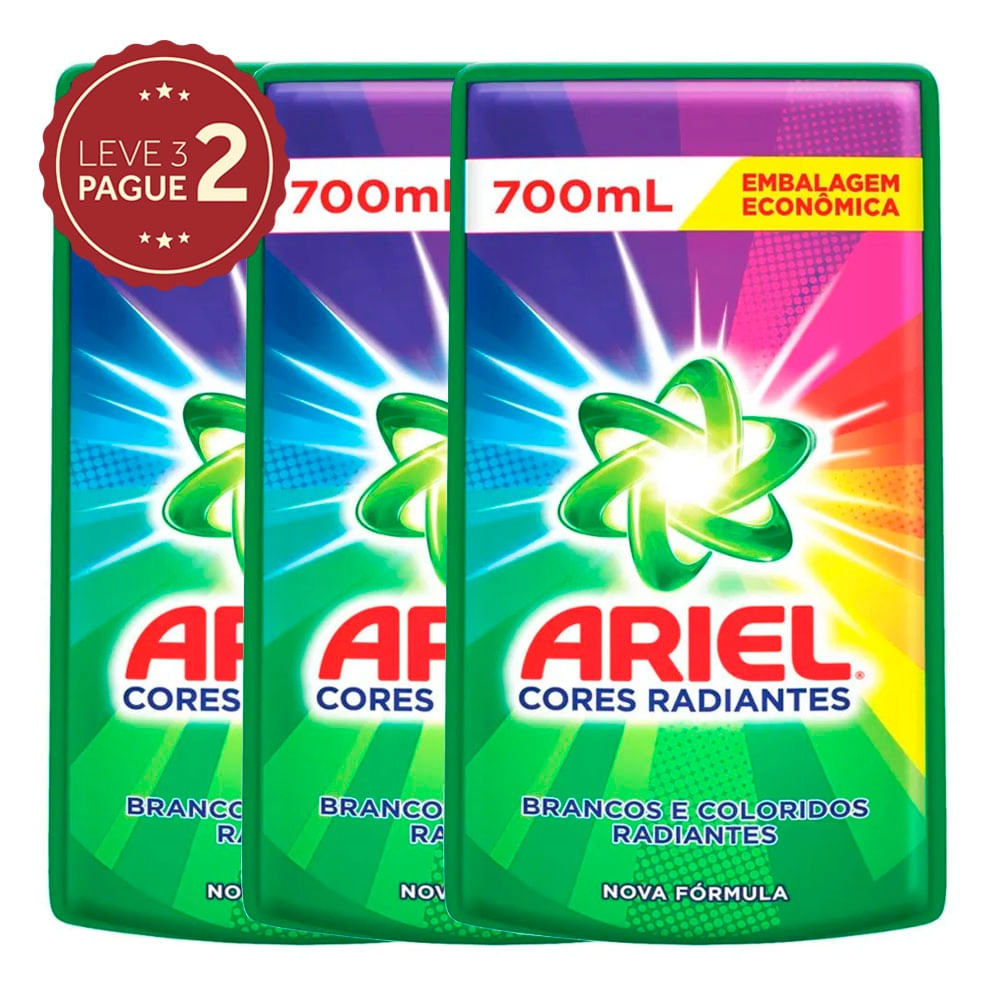 Lava-Roupas Líquido Roupas Brancas e Coloridas Ariel Cores Radiantes Sachê 700ml Leve 3 Pague 2 KIT PRONTO
