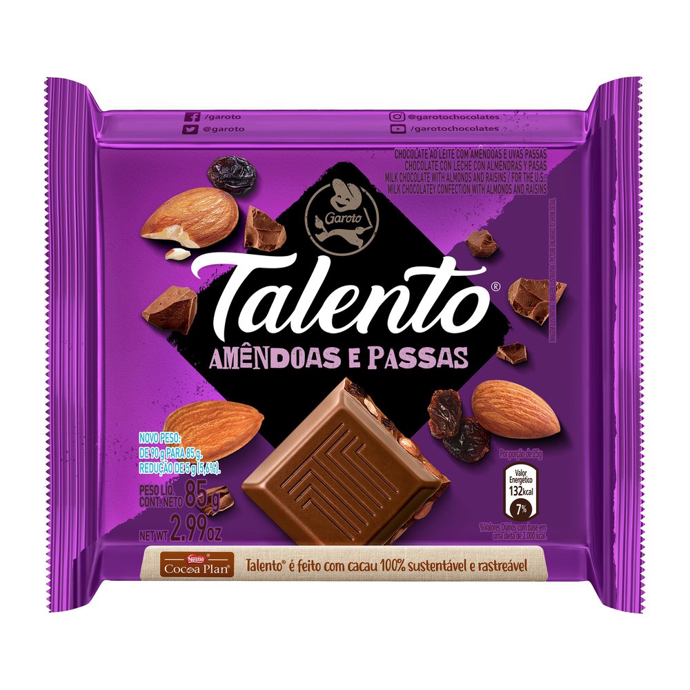 Chocolate Garoto Talento Amêndoas com Passas 85g