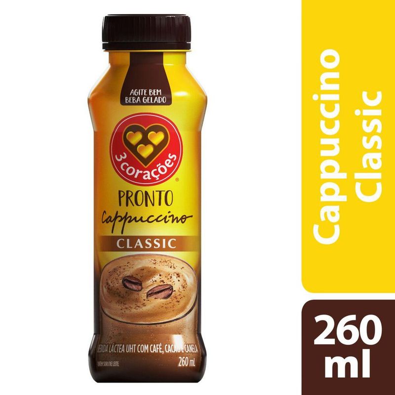 Bebida Láctea UHT Cappuccino Classic 3 Corações Frasco 260ml - Festval