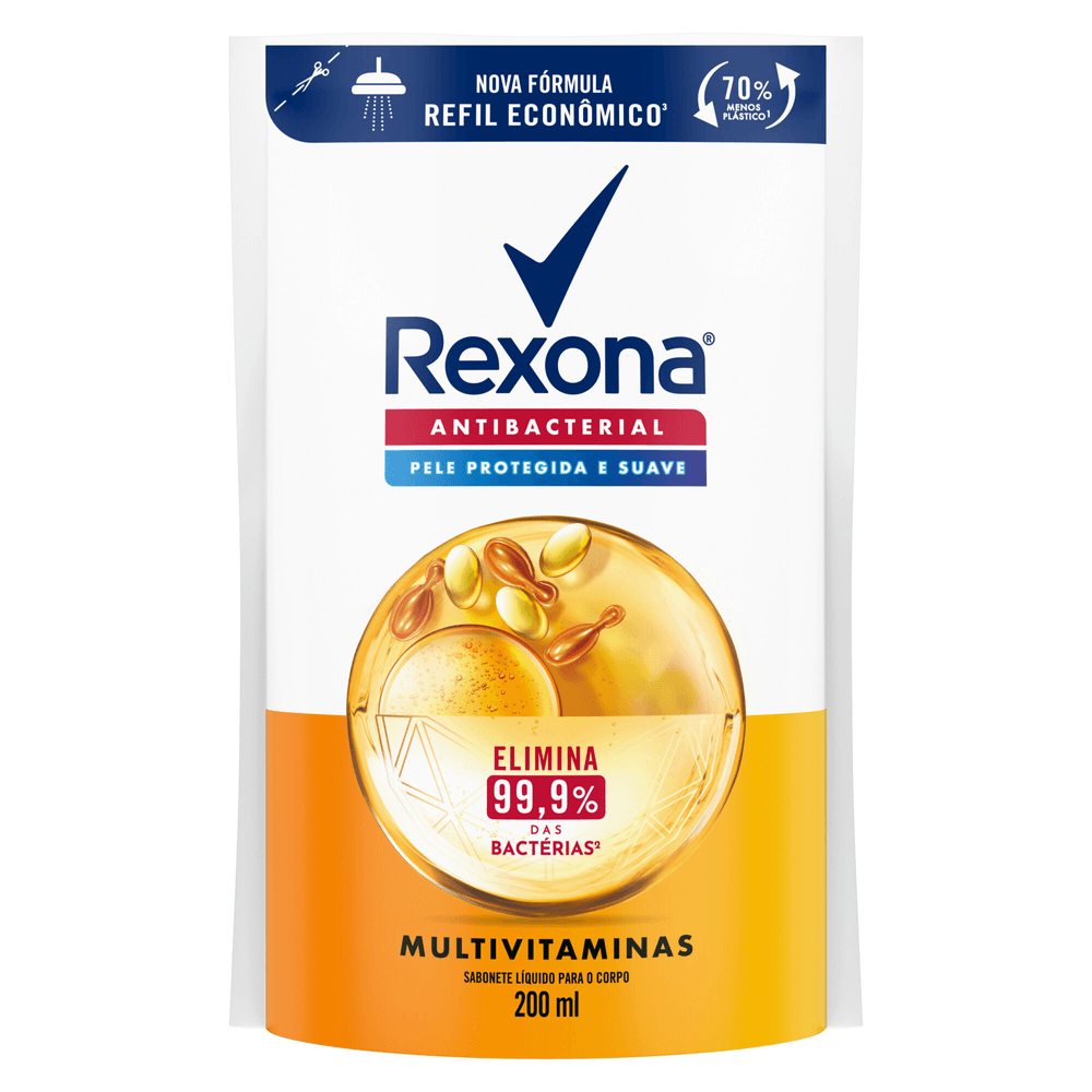 Sabonete Líquido Antibacterial Multivitaminas Rexona Sachê 200ml Refil Econômico