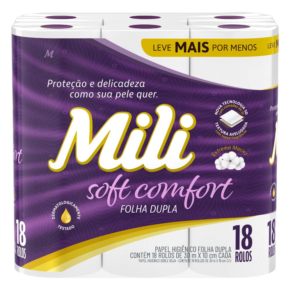 Papel Higiênico Mili Folha Dupla Soft Comfort 30m 18 Rolos