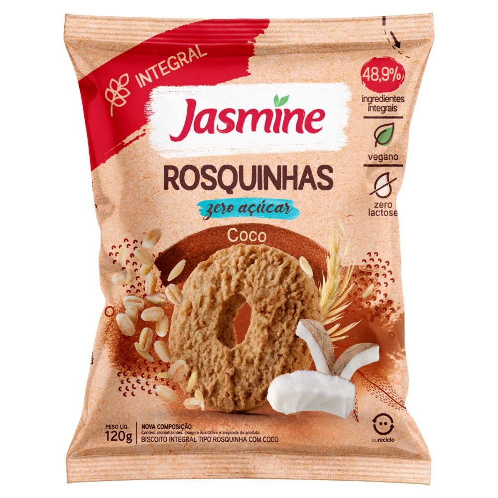 Biscoito Rosquinha Integral Coco Zero Açúcar Jasmine Pacote 150g