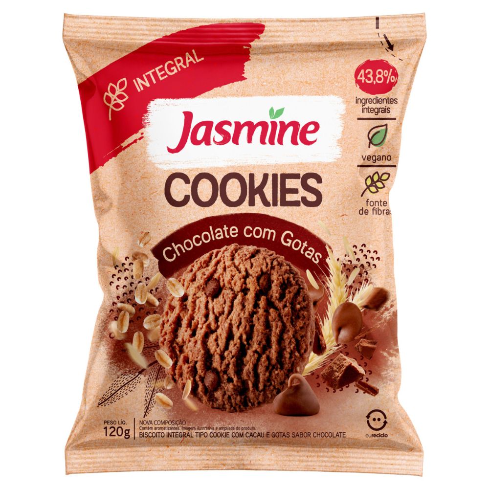 Biscoito Cookie com Gotas de Chocolate Vegano Integral Chocolate Jasmine Pacote 120g