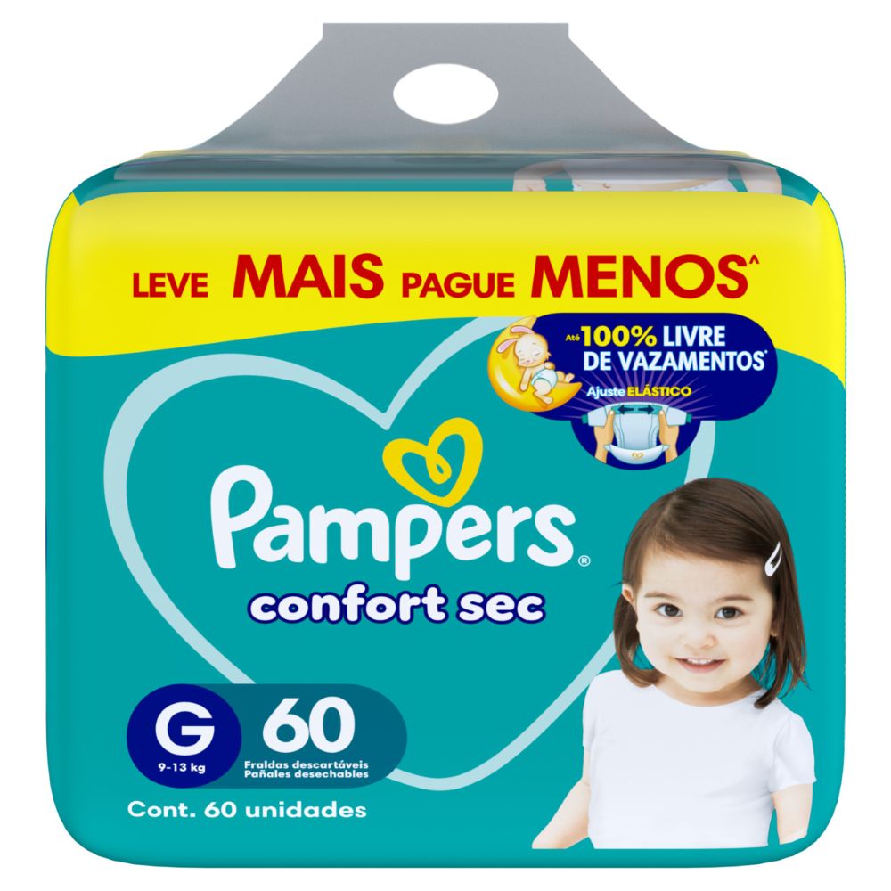 Fralda Descartável Infantil Pampers Confort Sec Fort Bag G Pacote 60 Unidades