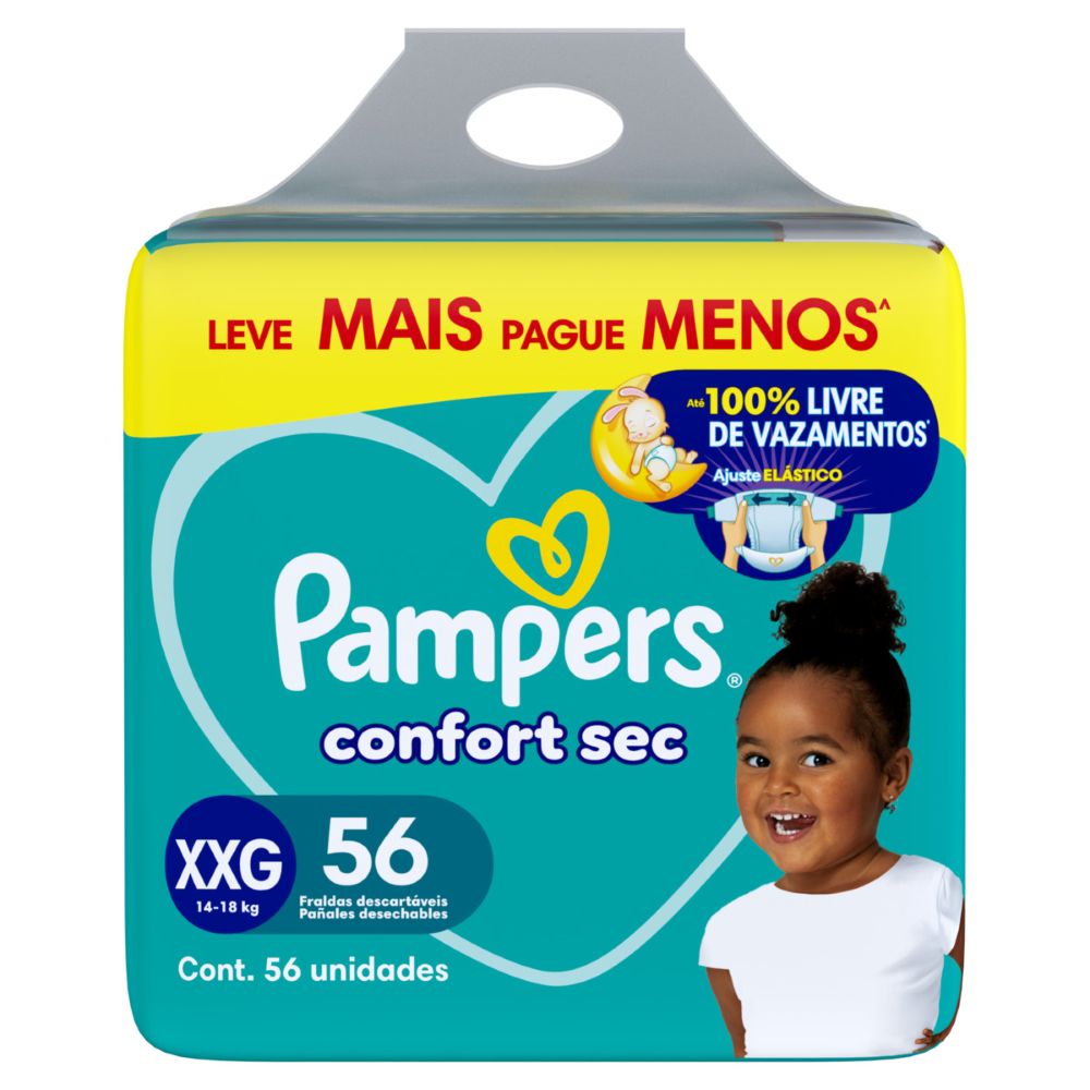 Fralda Descartável Infantil Pampers Confort Sec Fort Bag XXG Pacote 56 Unidades
