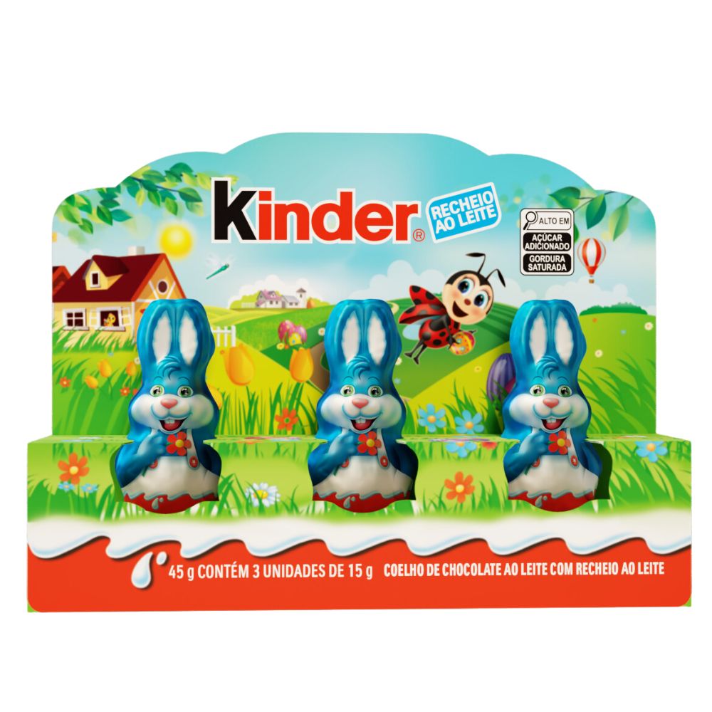 Coelho de Chocolate ao Leite Recheio ao Leite Kinder Caixa 45g 3 Unidades
