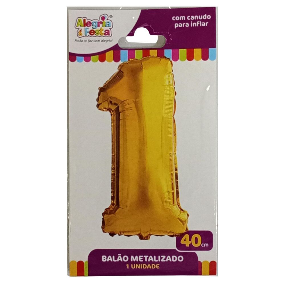 Balão Metalizado Nº 1 Dourado 40cm Alegria e Festa