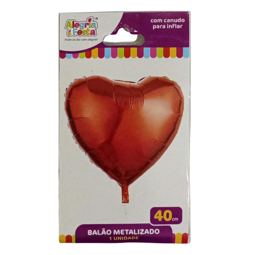 Balão Metalizado Coração Vermelho 40cm Alegria e Festa