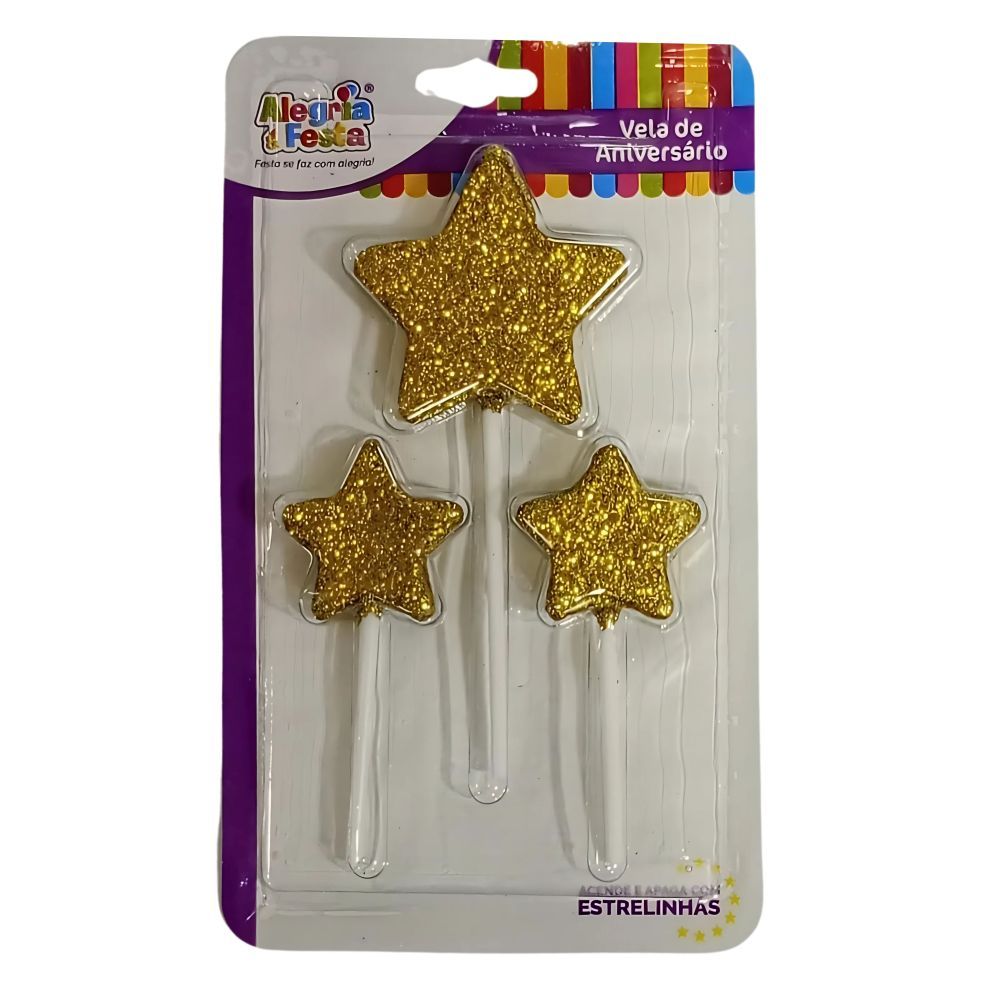 Vela Estrela Dourada com Glitter Alegria e Festa Embalagem com 3 unidades