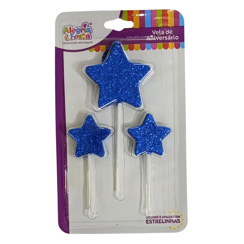 Vela Estrela Azul com Glitter Alegria e Festa Embalagem com 3 unidades