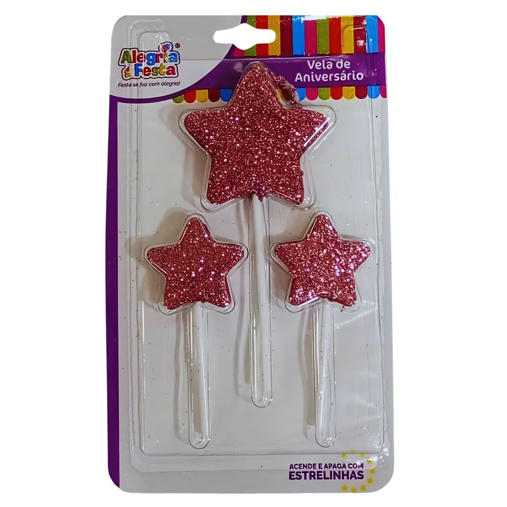 Vela Estrela Rose com Glitter Alegria e Festa Embalagem com 3 unidades