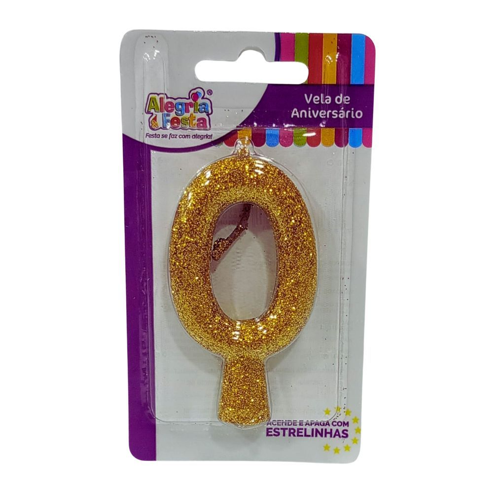 Vela de Aniversário Cintilante Dourado Nº0  Alegria e Festa