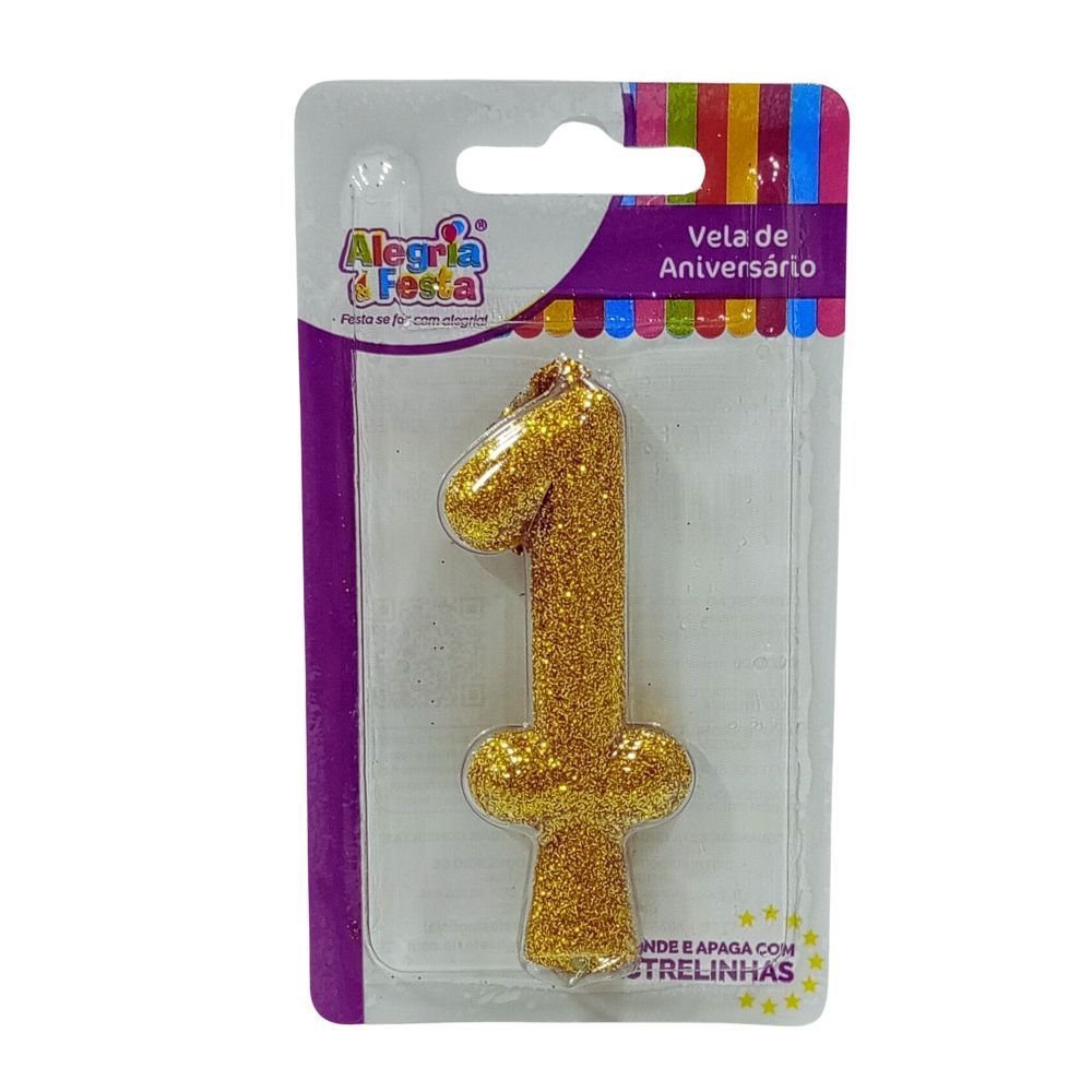 Vela de Aniversário Cintilante Dourado Nº1  Alegria e Festa