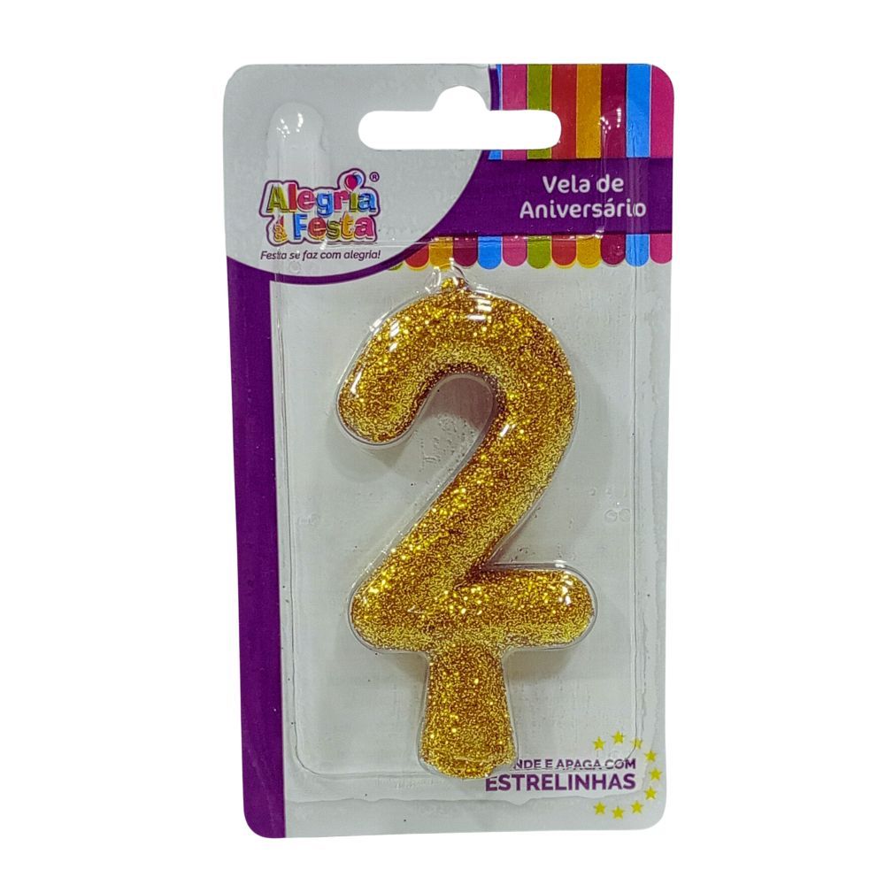 Vela de Aniversário Cintilante Dourado Nº2 Alegria e Festa