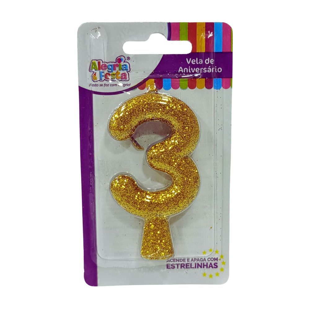 Vela de Aniversário Cintilante Dourado Nº3 Alegria e Festa