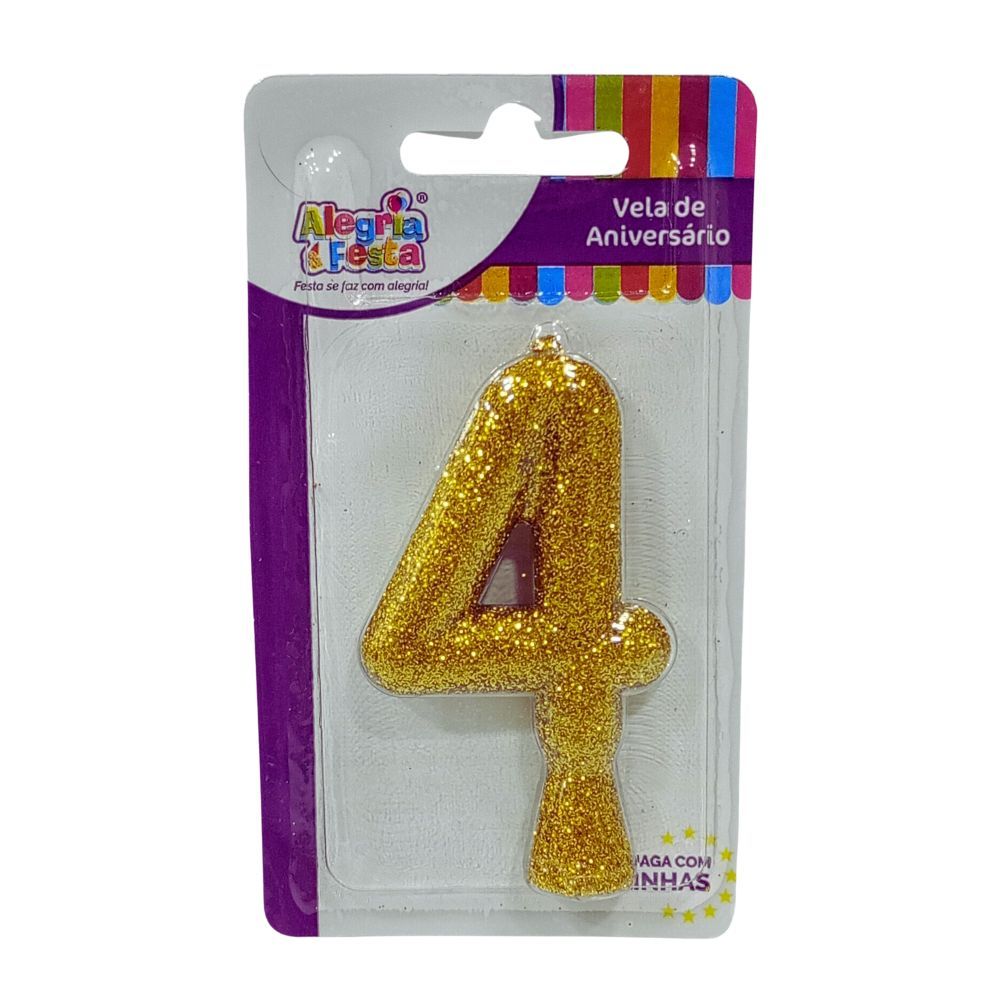 Vela de Aniversário Cintilante Dourado Nº4 Alegria e Festa