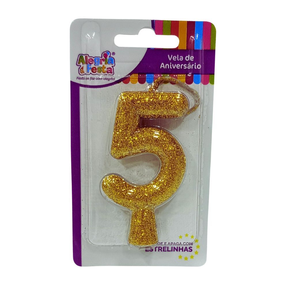 Vela de Aniversário Cintilante Dourado Nº5 Alegria e Festa