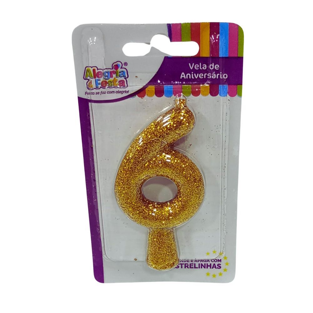 Vela de Aniversário Cintilante Dourado Nº6 Alegria e Festa