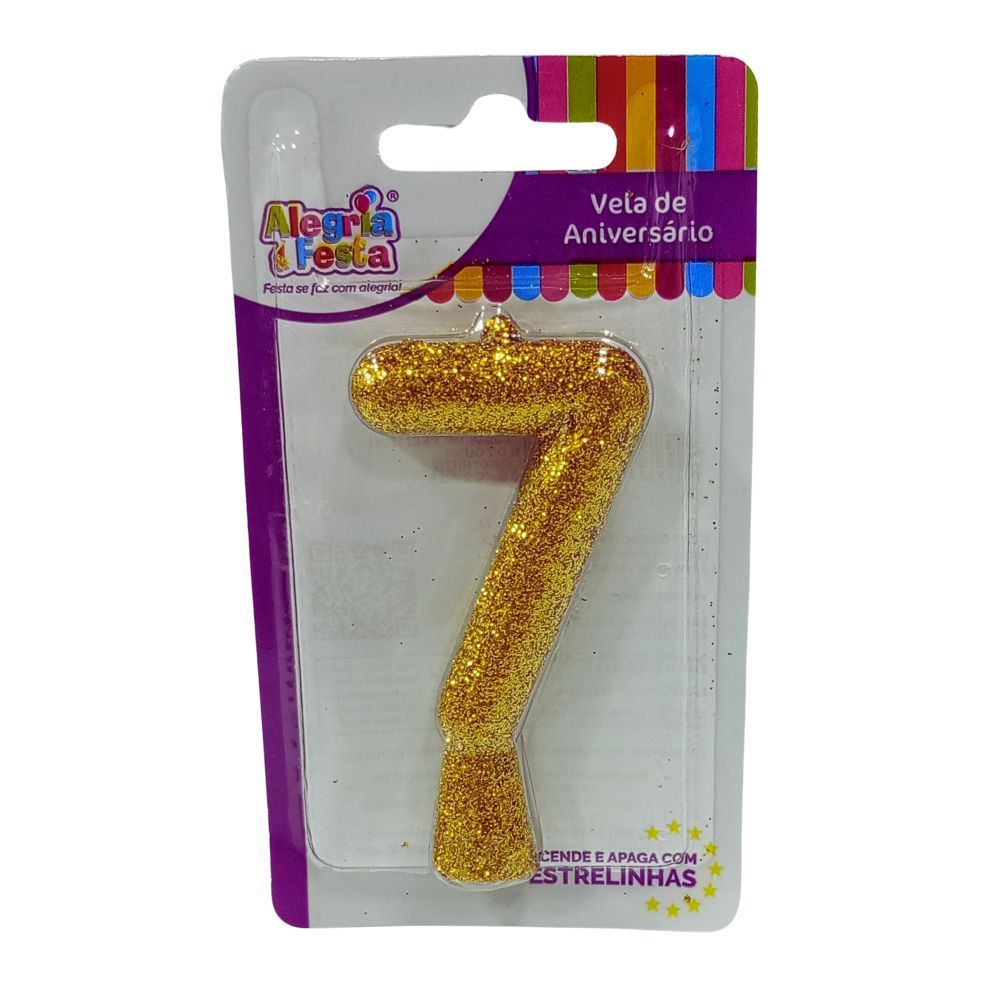 Vela de Aniversário Cintilante Dourado Nº7 Alegria e Festa