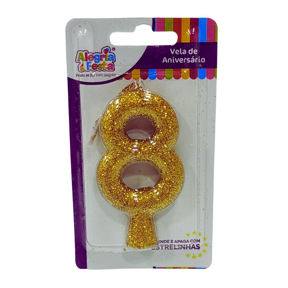 Vela de Aniversário Cintilante Dourado Nº8 Alegria e Festa