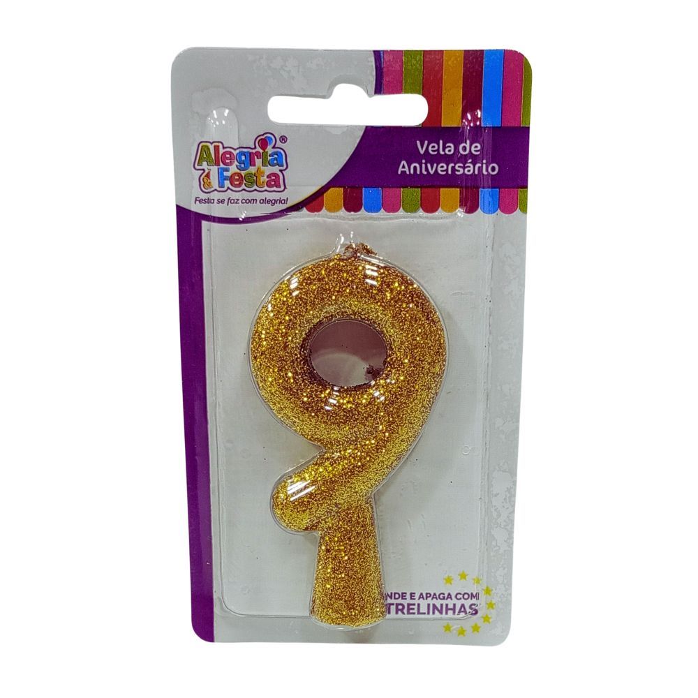 Vela de Aniversário Cintilante Dourado Nº9 Alegria e Festa